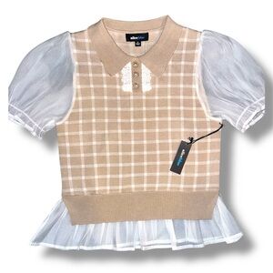 Alice Blue Beige Check Knit Polo with White Sheer Puff Sleeves